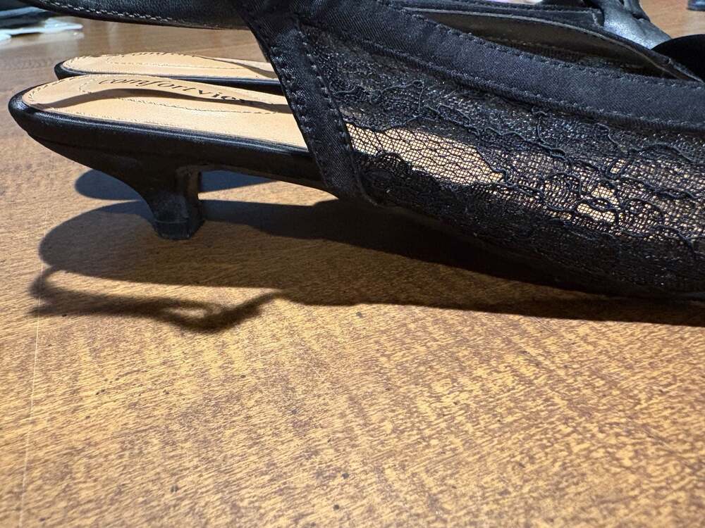 Comfortview Poppy Black Lace Satin Bow Slingback Kitten Heels Size 10W - Picture 8 of 11